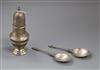 An Edwardian Asprey & Co silver sugar caster, London 1908 and two continental white metal spoons.                                      