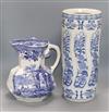 A Mason's blue and white wash jug, an umbrella stand and assorted blue and white ceramics                                              
