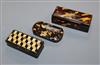 A cube inlaid snuff box and two tortoiseshell snuff boxes                                                                              