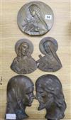 Five bronze Religious plaques, two signed S. Melanie tallest 22cm                                                                      
