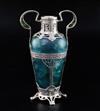 An early 20th century Austrian? Art Nouveau silver mounted two handled blue/green glass vase,                                          