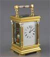 An early 20th century French gilt brass quarter-repeating carriage clock, H.7in.                                                       