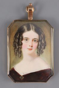 William Egley (1798-1870) Portrait miniature of a young lady wearing a purple dress and sapphire set jewel 2 x 1.5in, gold framed      