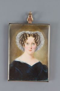 William Egley (1798-1870) Portrait miniature of a lady wearing a lace bonnet and green dress 2.5 x 1.75in., gold framed                