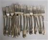 A set of twelve George V silver fiddle pattern dessert forks and four table forks (one plated).                                        