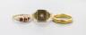 An early 1930's 22ct gold wedding band, size N/O, 7.1 grams and two 9ct gold rings including a mid 20th century diamond set signet ring, gross 8 grams.                                                                     