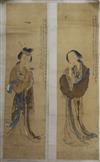 A pair of Chinese scroll paintings on paper of beauties, 19th century, Image 91cm x 25.5cm                                             