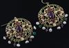 An ornate pair of Indian pierced gold, ruby, emerald and baroque pearl set drop earrings, 41mm.                                        