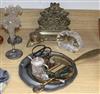 A brass desk stand, a chamberstick, a pewter dish, a paperweight and sundries                                                          