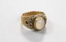 A modern 9ct gold and cabochon moonstone set dress ring, size M/N, gross 7.5 grams.                                                                                                                                         