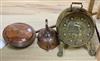 An embossed brass coal box, a Victorian copper kettle and a Victorian copper warming pan (3)                                           