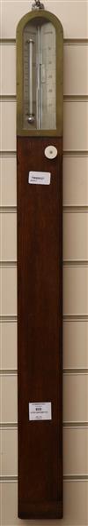 A late Victorian 'Miner's' stick barometer by Negretti & Zambra, London, in plain chamfered oak case with silvered scales H.90cm       