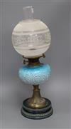 An Edwardian opaque blue glass and brass oil lamp overall height 57cm                                                                  