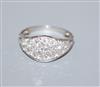 A white metal and diamond cluster set elliptical shaped ring, size H/I.                                                                