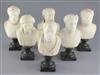 A set of six early 19th century Italian carved marble busts of artists and writers, height 8.25in.                                     