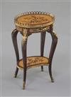 Denis Hillman. A Louis XV style marquetry inlaid miniature two tier etagere, height 2.5in.                                             