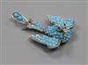 A late Victorian white and yellow metal, turquoise set swallow pendant with cabochon eyes, overall 41mm.                               