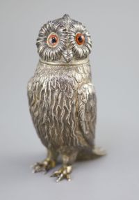 A Victorian silver owl sugar sifter, having chased feather decoration and removable head inset glass eyes,                             