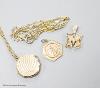 Two modern 9ct gold fine link chains, one with locket and two other 9ct gold pendants                                                                                                                                       