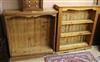 Two pine three shelf open fronted bookcases W.97cm and 92cm                                                                            