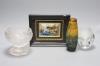 A framed Limoges enamel plaque, a Galle style cameo glass vase and two items of clear glass                                                                                                                                 