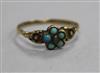 A small Victorian yellow metal and turquoise ring, size K.                                                                             