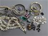 A cultured pearl necklace and other jewellery including silver and costume.                                                            