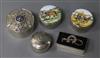 Five assorted modern silver pill boxes, including two with enamel covers and one with "paperweight" style cabochon.                    