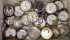 A collection of assorted, mainly base and white metal pocket watches, including Hebdomas, Hamilton and J.W. Benson                                                                                                          