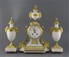 A Louis XVI style ormolu mounted white marble clock garniture, clock height 15.75in. urns height 11.75in.                              