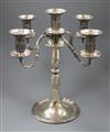 A 20th century Swiss Jezler 800 standard white metal four branch, five light candelabra, 34.5cm.                                       