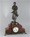 A 19th century French bronze and rouge marble mantel clock, width 15in. depth 7in. height 21.5in.                                      