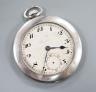A mid 20th century white metal (stamped plat) and diamond set keyless open faced dress pocket watch, by Helbros Watch Co. case diameter 46mm, gross weight 48.6 grams, lacking glass cover.                                 
