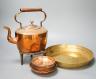 Mixed copper wares including teapot, preserve pan etc.                                                                                                                                                                      