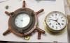 A brass bulkhead timepiece, enamelled dial signed Story, Barrow, dial 17cm, and a ship's wheel wall timepiece by Bayard                                                                                                     