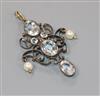 A late Victorian yellow and white metal, pale aquamarine and pearl set lozenge shaped drop pendant, overall 57mm.                      