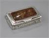 A late 18th/early 19th century Scottish engraved white metal and jasper mounted snuff box, 70mm.                                       