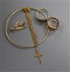 A 750 yellow metal initial brooch and wire bangle, a cross on 18ct gold chain, an 18ct gold ring and a signet ring (tests as 14ct)     