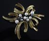An early 1970's 18ct gold, three colour cultured pearl and diamond set foliate spray brooch, 67mm.                                     