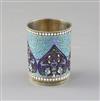 A late 19th century Russian 84 zolotnik silver and cloisonne enamel beaker tot, assay master, Anatoly Artsibashov, 1896, height 62mm   