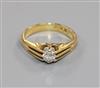 A 1930's 18ct gold and claw set solitaire diamond ring, size K.                                                                        