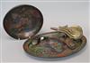 A brass powder flask, two cloisonne dishes, etc                                                                                        