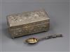 An early 20th century Chinese embossed white metal rectangular box and cover by Yok Sang and a plated 'rifle' spoon.                   