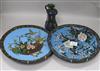 A pair of Japanese cloisonne dishes (damages) and a two-handled cloisonne vase Plates Dia.30.5cm.                                      