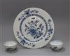 A Chinese Nanking Cargo blue and white dish and two tea bowls diameter 23.5cm                                                          