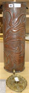 A Copper Newlyn School umbrella stand and a Newlyn School chamberstick umbrella stand height 60cm                                      