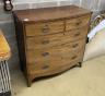 A Regency bow fronted mahogany chest of two short and three long drawers, width 104cm, depth 51cm, height 105cm                                                                                                             
