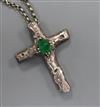 A 1970's white metal and emerald set cross pendant, on a silver belcher link chain, pendant 65mm.                                      