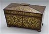 A Regency rosewood two-division tea caddy, of sarcophagus form inlaid with cut brasswork (two canisters, bowl deficient) length 32.5cm 