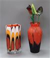 A Czech art glass vase, a mottled glass vase and three handblown glass blooms                                                          